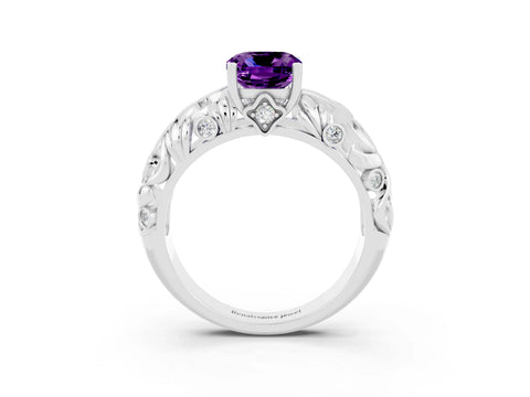 White gold Cushion Cut Solitaire Amethyst Leaf-Inspired Vine Band Ring with Prong Setting_3