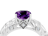 White gold Cushion Cut Solitaire Amethyst Leaf-Inspired Vine Band Ring with Prong Setting_4