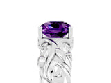 White gold Cushion Cut Solitaire Amethyst Leaf-Inspired Vine Band Ring with Prong Setting_5
