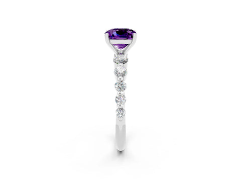 White gold Cushion Cut Solitaire Amethyst Ring with Pave Band and Four-Prong Setting_2