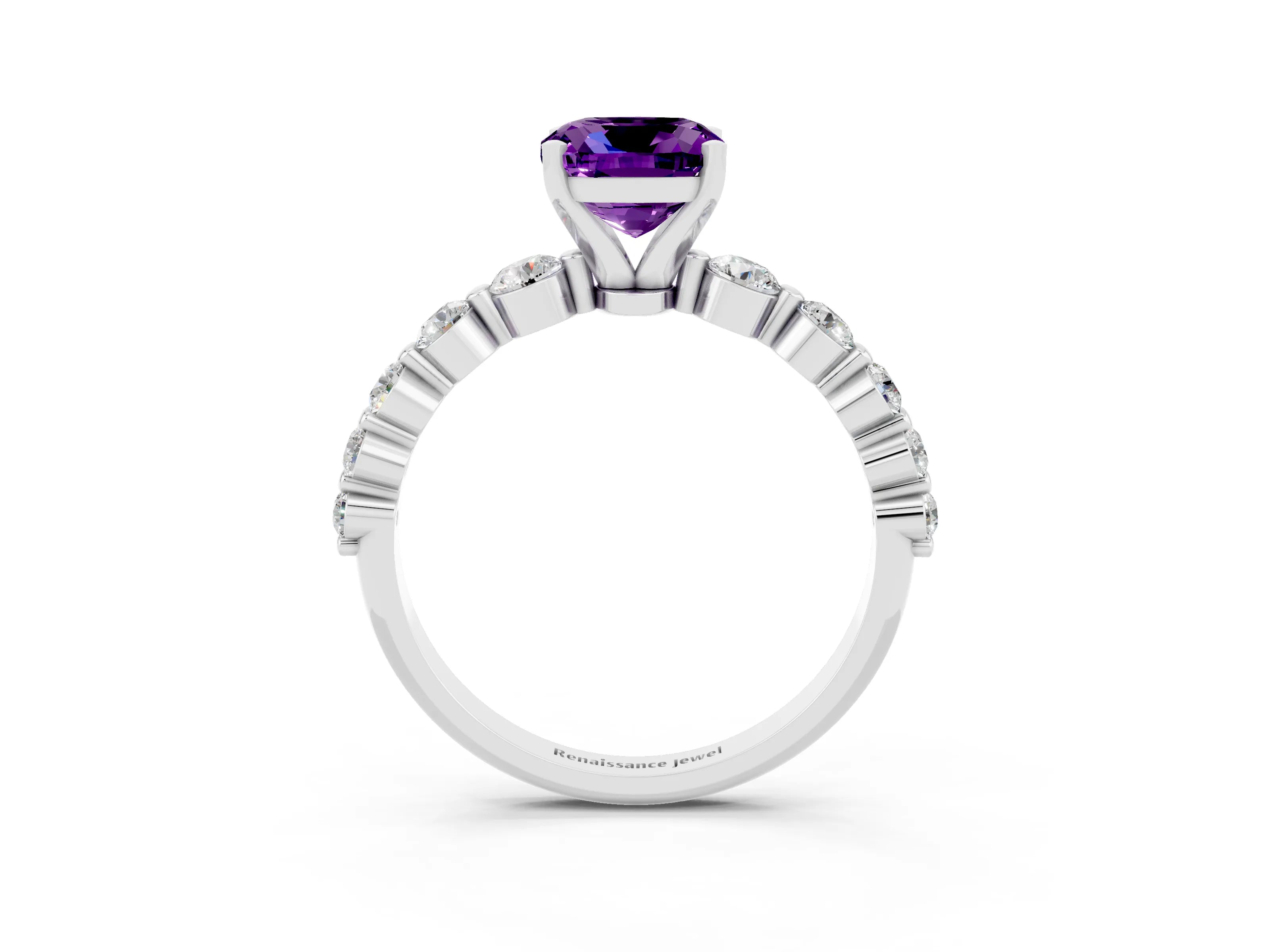 White gold Cushion Cut Solitaire Amethyst Ring with Pave Band and Four-Prong Setting_3