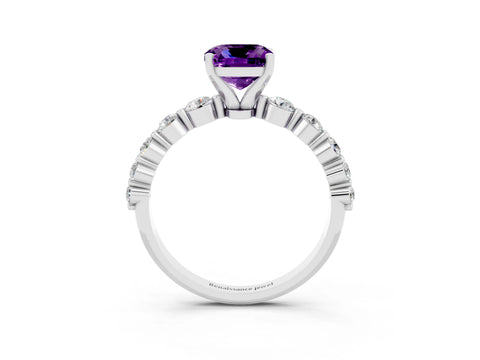 White gold Cushion Cut Solitaire Amethyst Ring with Pave Band and Four-Prong Setting_3