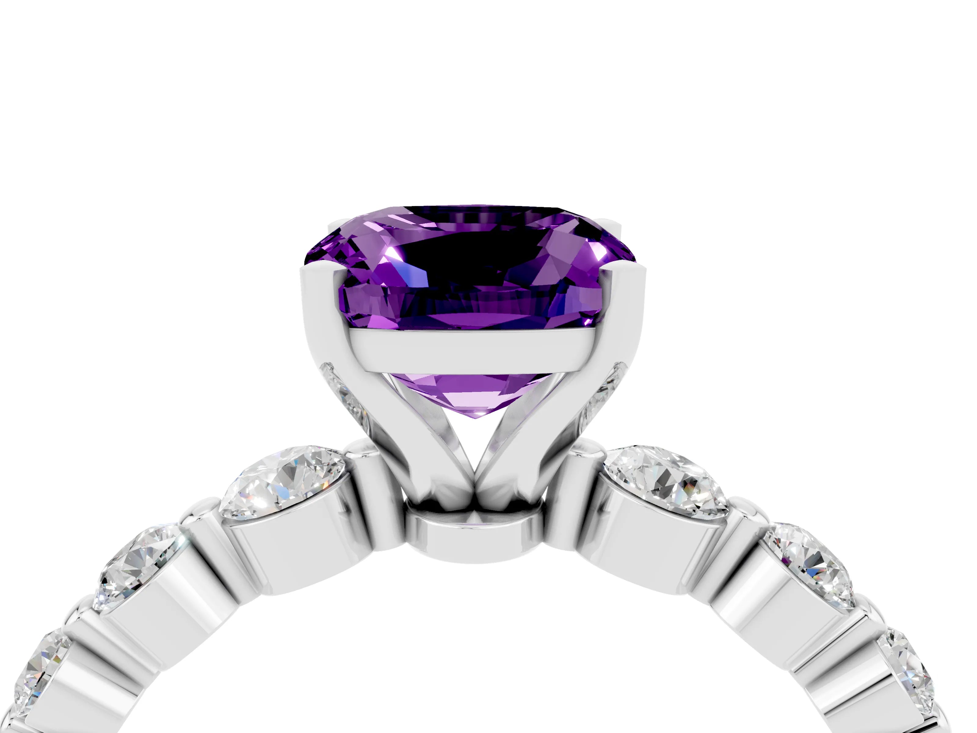 White gold Cushion Cut Solitaire Amethyst Ring with Pave Band and Four-Prong Setting_4