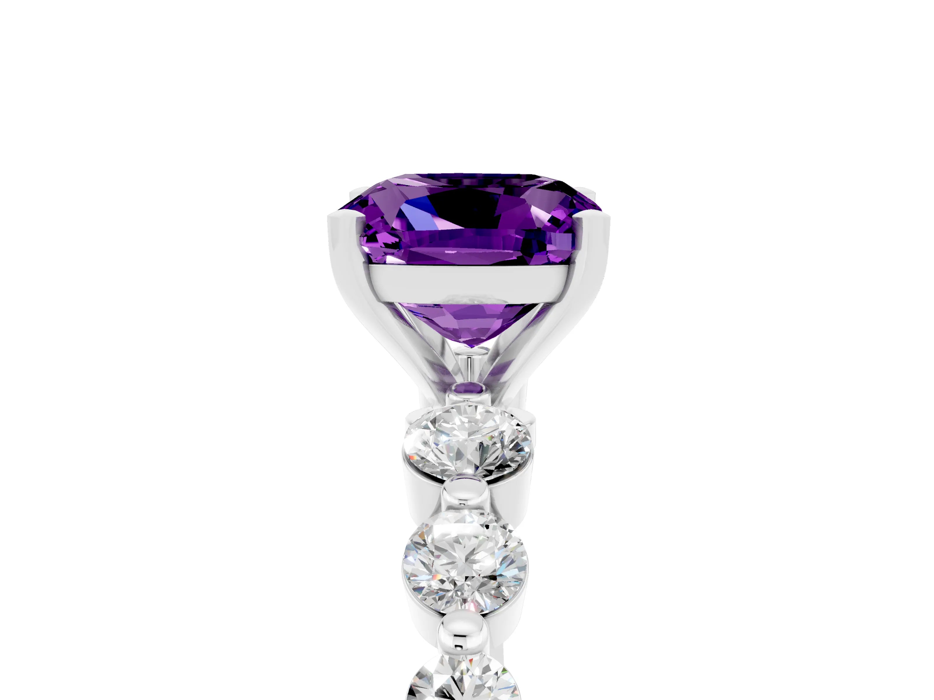 White gold Cushion Cut Solitaire Amethyst Ring with Pave Band and Four-Prong Setting_5