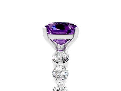 White gold Cushion Cut Solitaire Amethyst Ring with Pave Band and Four-Prong Setting_5