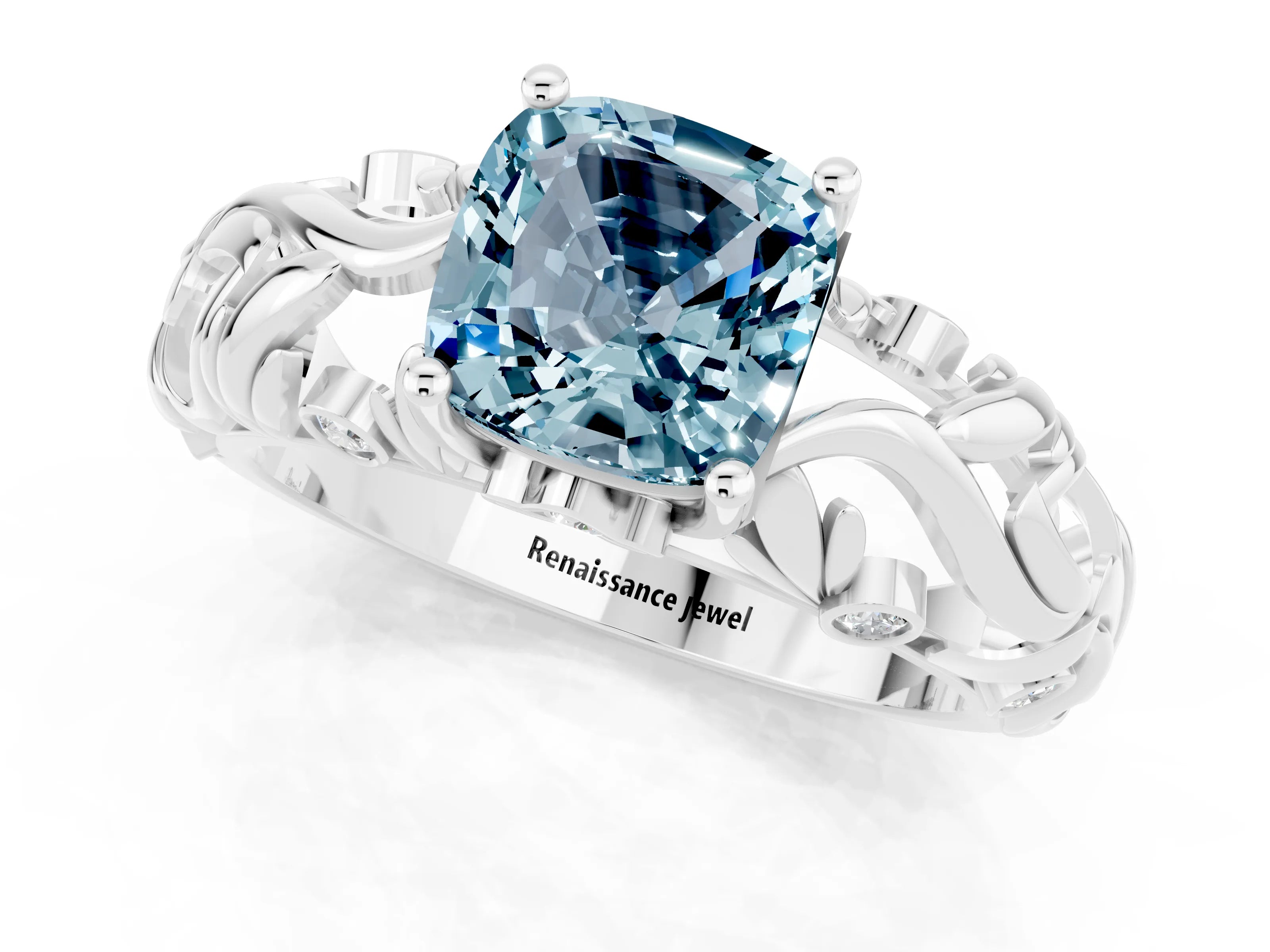 White gold Cushion Cut Solitaire Aquamarine Leaf-Inspired Vine Band Ring with Prong Setting_1