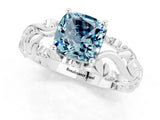 White gold Cushion Cut Solitaire Aquamarine Leaf-Inspired Vine Band Ring with Prong Setting_1