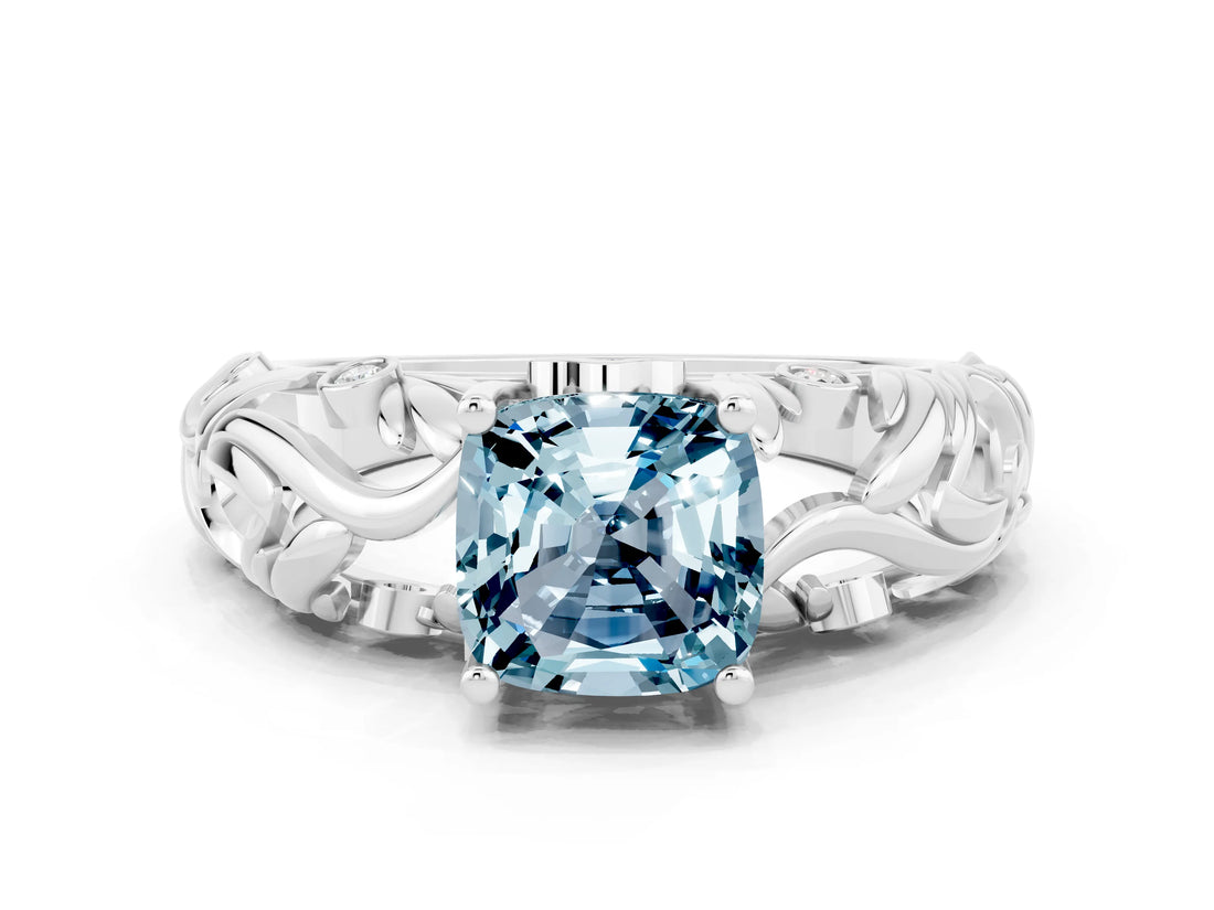 White gold Cushion Cut Solitaire Aquamarine Leaf-Inspired Vine Band Ring with Prong Setting
