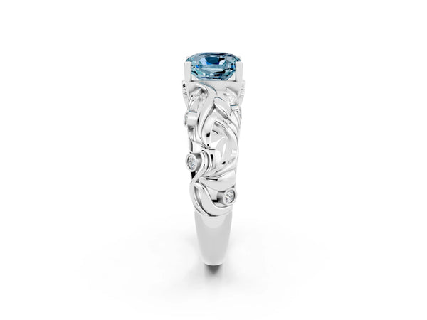 Silver Cushion Cut Solitaire Aquamarine Leaf-Inspired Vine Band Ring with Prong Setting