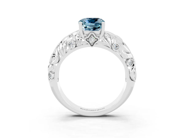Platinum Cushion Cut Solitaire Aquamarine Leaf-Inspired Vine Band Ring with Prong Setting