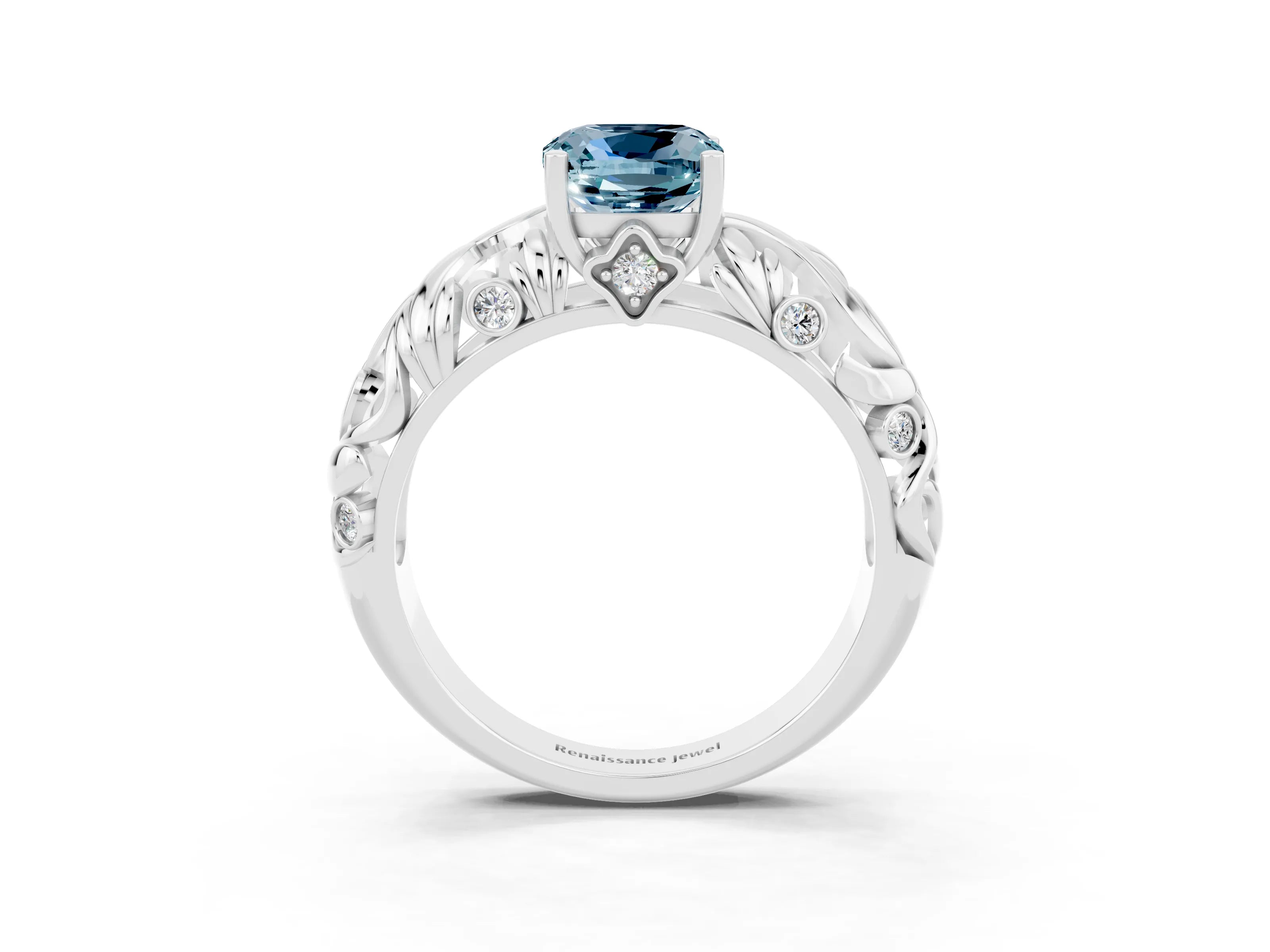 White gold Cushion Cut Solitaire Aquamarine Leaf-Inspired Vine Band Ring with Prong Setting_3