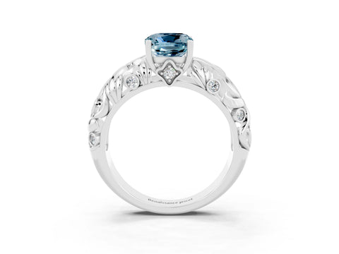 White gold Cushion Cut Solitaire Aquamarine Leaf-Inspired Vine Band Ring with Prong Setting_3