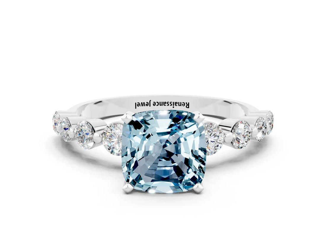 White gold Cushion Cut Solitaire Aquamarine Ring with Pave Band and Four-Prong Setting
