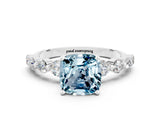 White gold Cushion Cut Solitaire Aquamarine Ring with Pave Band and Four-Prong Setting