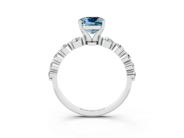 Platinum Cushion Cut Solitaire Aquamarine Ring with Pave Band and Four-Prong Setting