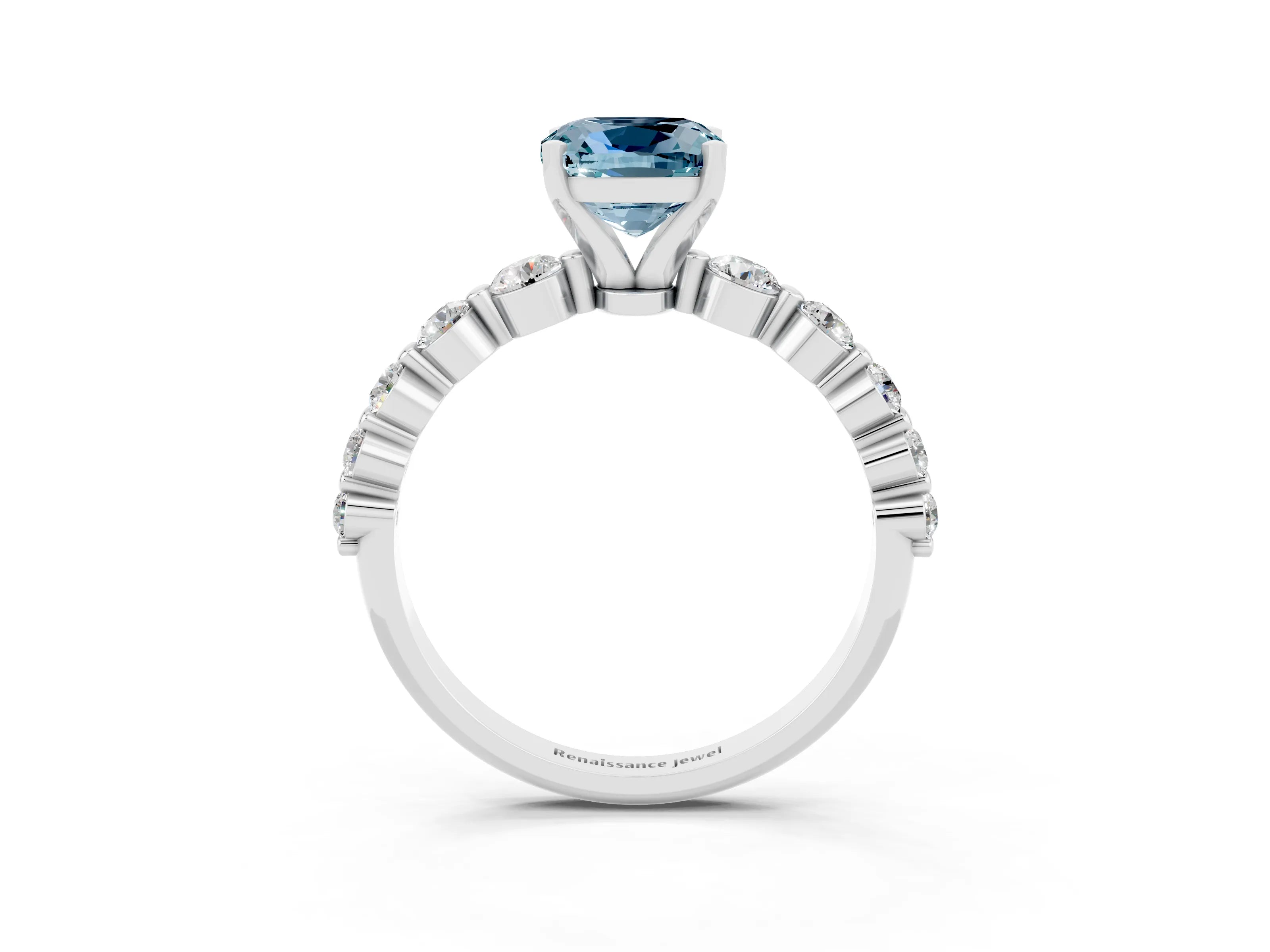 White gold Cushion Cut Solitaire Aquamarine Ring with Pave Band and Four-Prong Setting_3