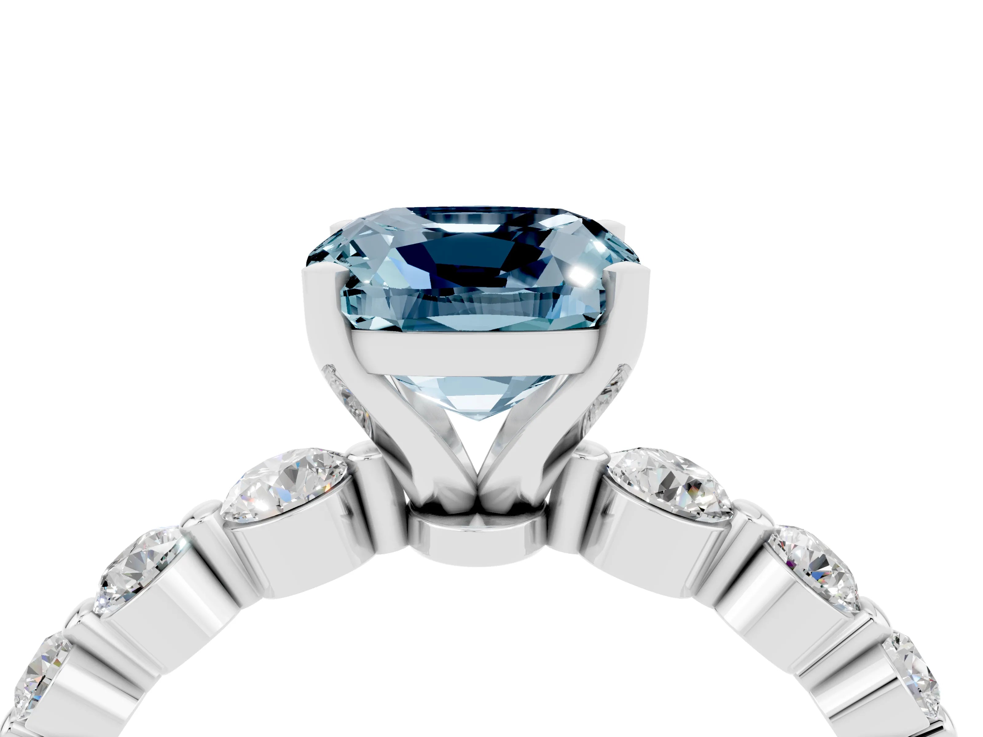 White gold Cushion Cut Solitaire Aquamarine Ring with Pave Band and Four-Prong Setting_4