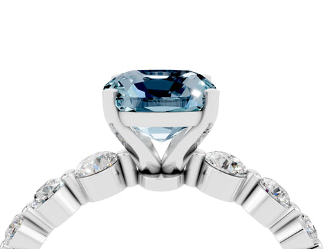 White gold Cushion Cut Solitaire Aquamarine Ring with Pave Band and Four-Prong Setting_4