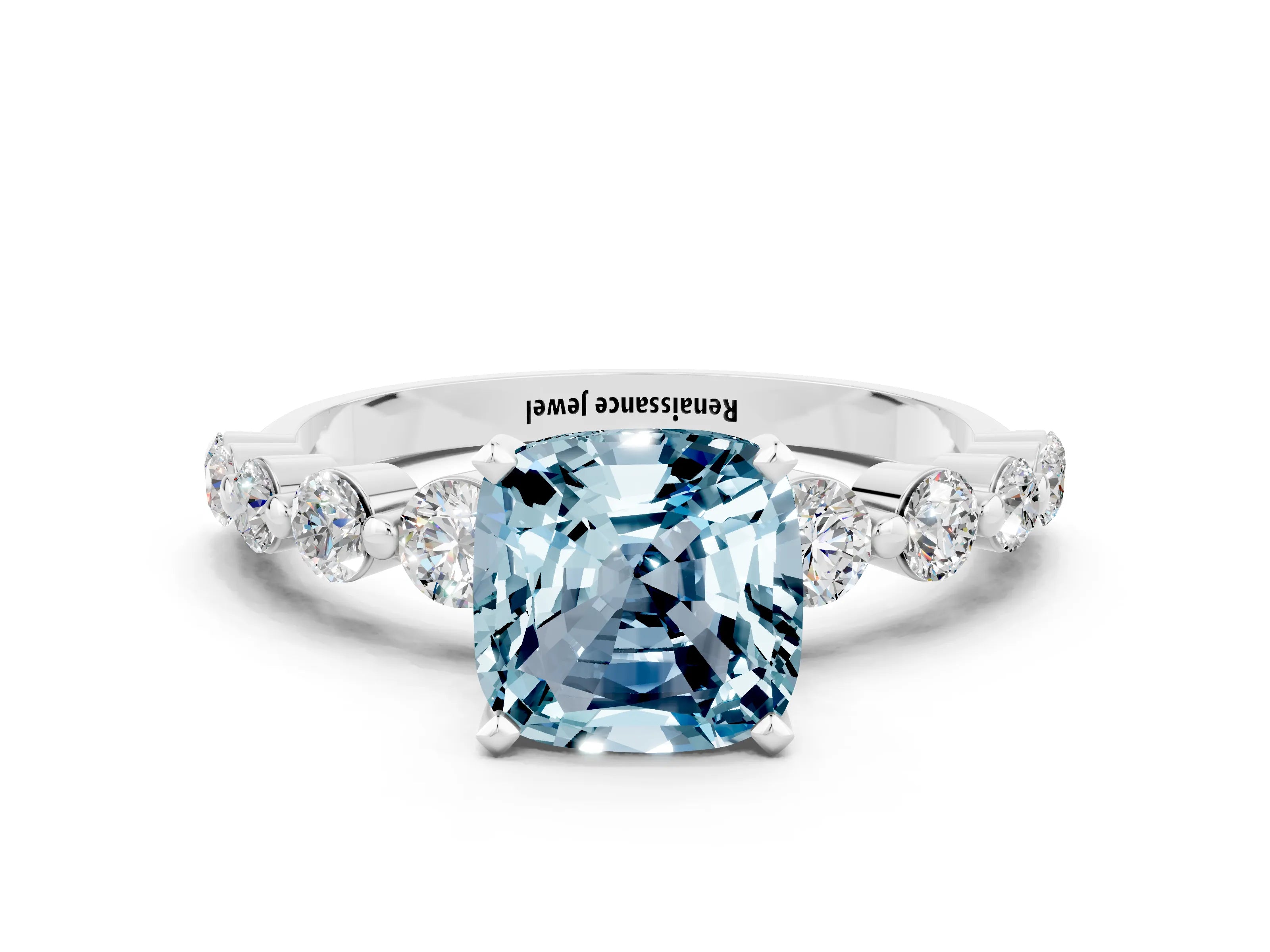 White gold Cushion Cut Solitaire Aquamarine Ring with Pave Band and Four-Prong Setting