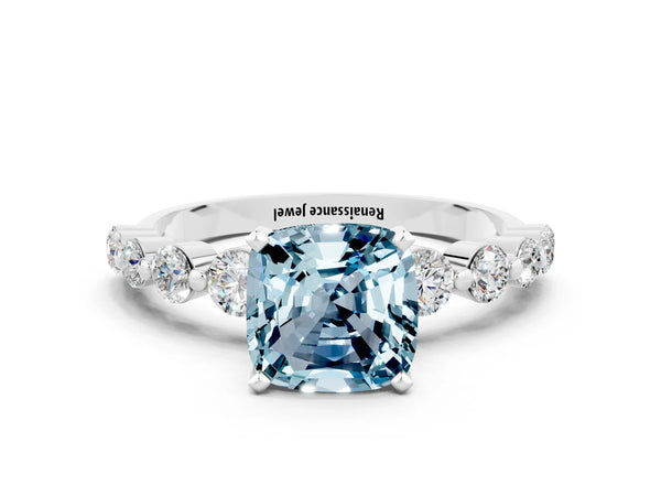Silver Cushion Cut Solitaire Aquamarine Ring with Pave Band and Four-Prong Setting