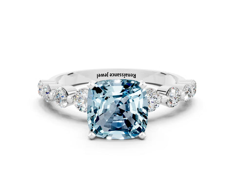 White gold Cushion Cut Solitaire Aquamarine Ring with Pave Band and Four-Prong Setting