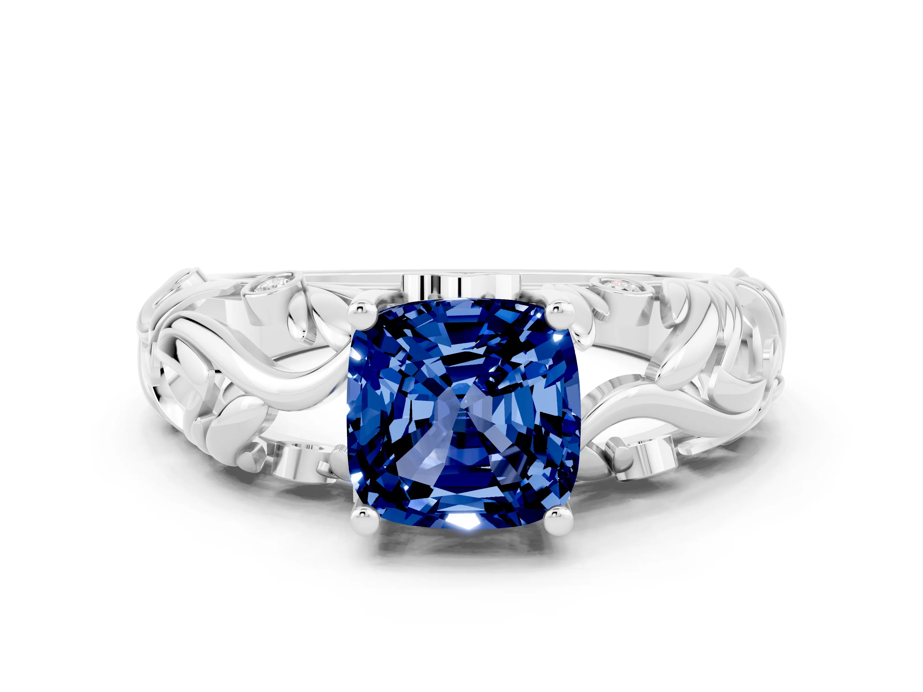 White gold Cushion Cut Solitaire Blue Sapphire Leaf-Inspired Vine Band Ring with Prong Setting