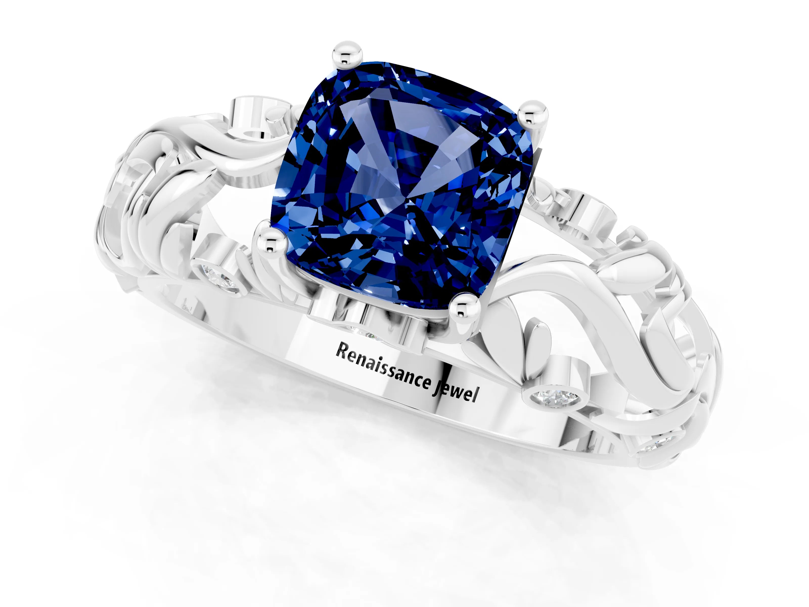 White gold Cushion Cut Solitaire Blue Sapphire Leaf-Inspired Vine Band Ring with Prong Setting_1