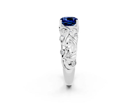 White gold Cushion Cut Solitaire Blue Sapphire Leaf-Inspired Vine Band Ring with Prong Setting_2