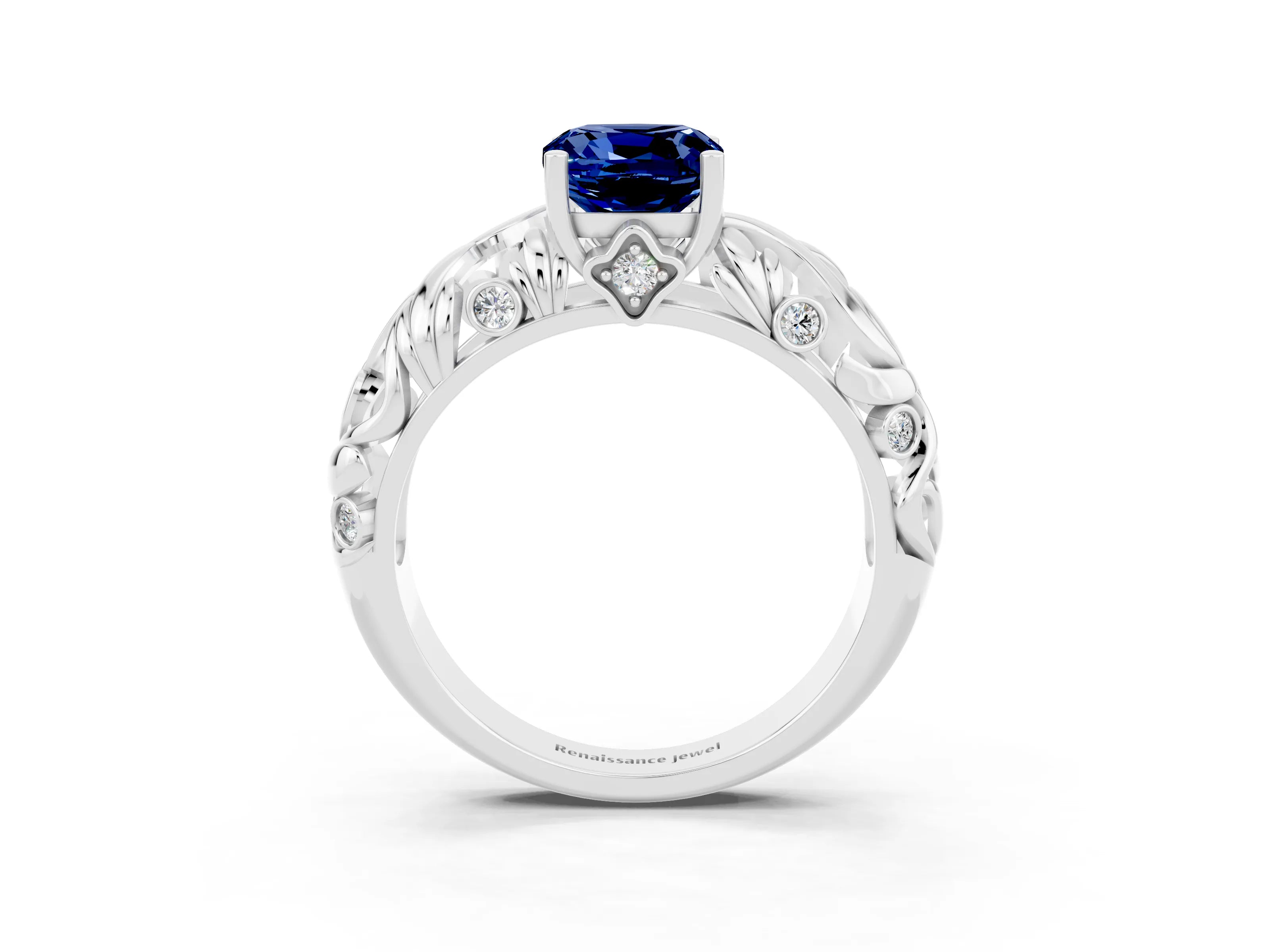 White gold Cushion Cut Solitaire Blue Sapphire Leaf-Inspired Vine Band Ring with Prong Setting_3