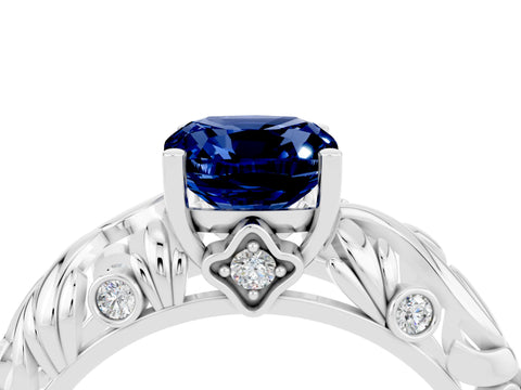 White gold Cushion Cut Solitaire Blue Sapphire Leaf-Inspired Vine Band Ring with Prong Setting_4