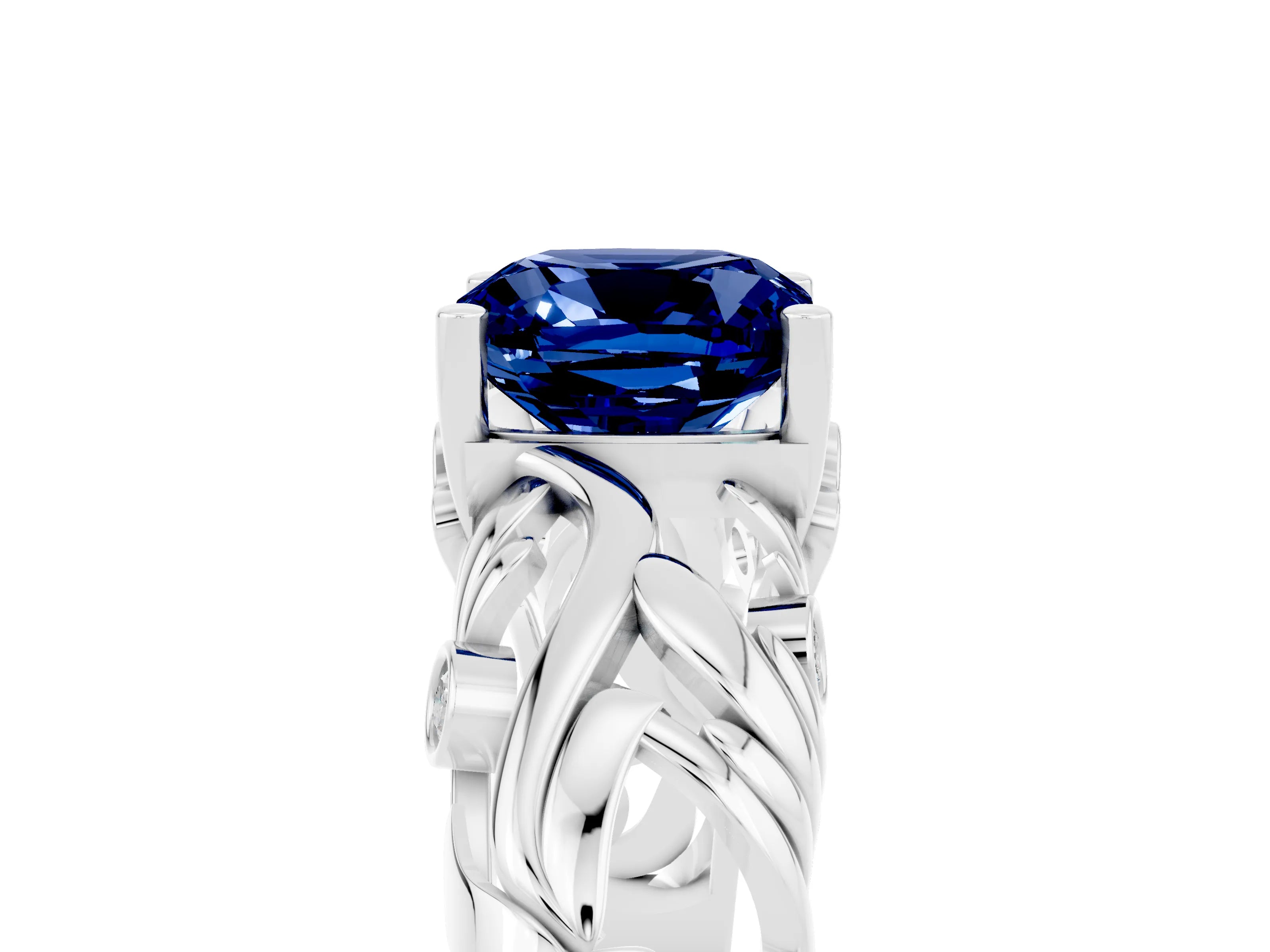 White gold Cushion Cut Solitaire Blue Sapphire Leaf-Inspired Vine Band Ring with Prong Setting_5
