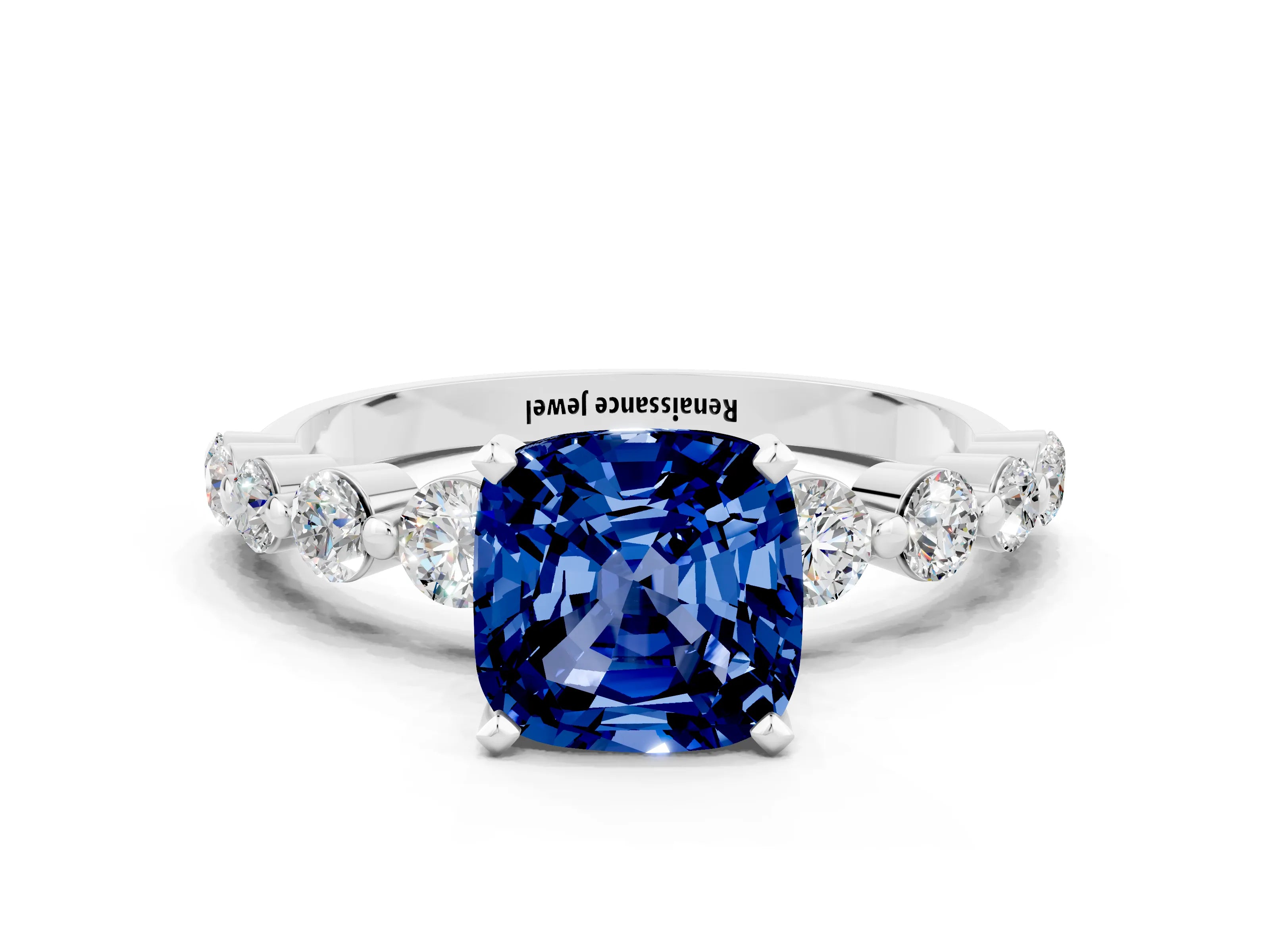White gold Cushion Cut Solitaire Blue Sapphire Ring with Pave Band and Four-Prong Setting