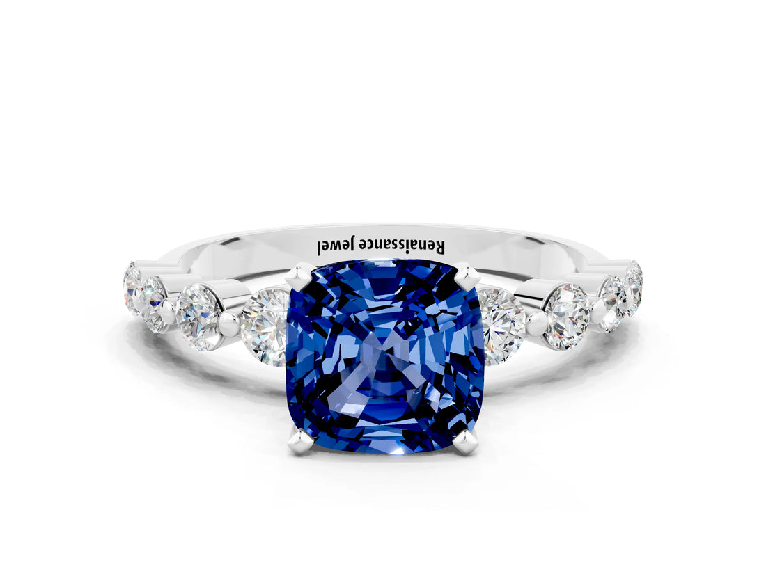 White gold Cushion Cut Solitaire Blue Sapphire Ring with Pave Band and Four-Prong Setting