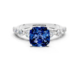 White gold Cushion Cut Solitaire Blue Sapphire Ring with Pave Band and Four-Prong Setting