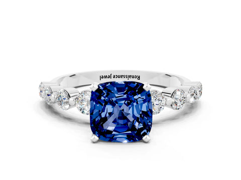 White gold Cushion Cut Solitaire Blue Sapphire Ring with Pave Band and Four-Prong Setting