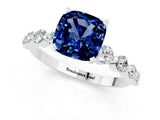 White gold Cushion Cut Solitaire Blue Sapphire Ring with Pave Band and Four-Prong Setting_1