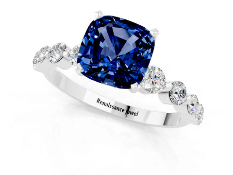 White gold Cushion Cut Solitaire Blue Sapphire Ring with Pave Band and Four-Prong Setting_1