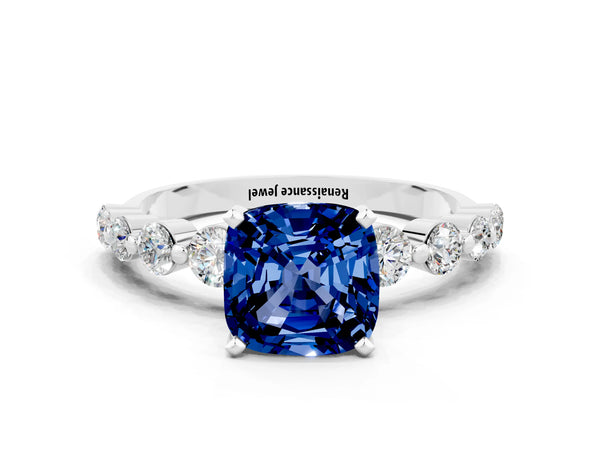 Silver Cushion Cut Solitaire Blue Sapphire Ring with Pave Band and Four-Prong Setting