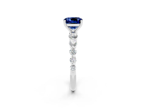 White gold Cushion Cut Solitaire Blue Sapphire Ring with Pave Band and Four-Prong Setting_2