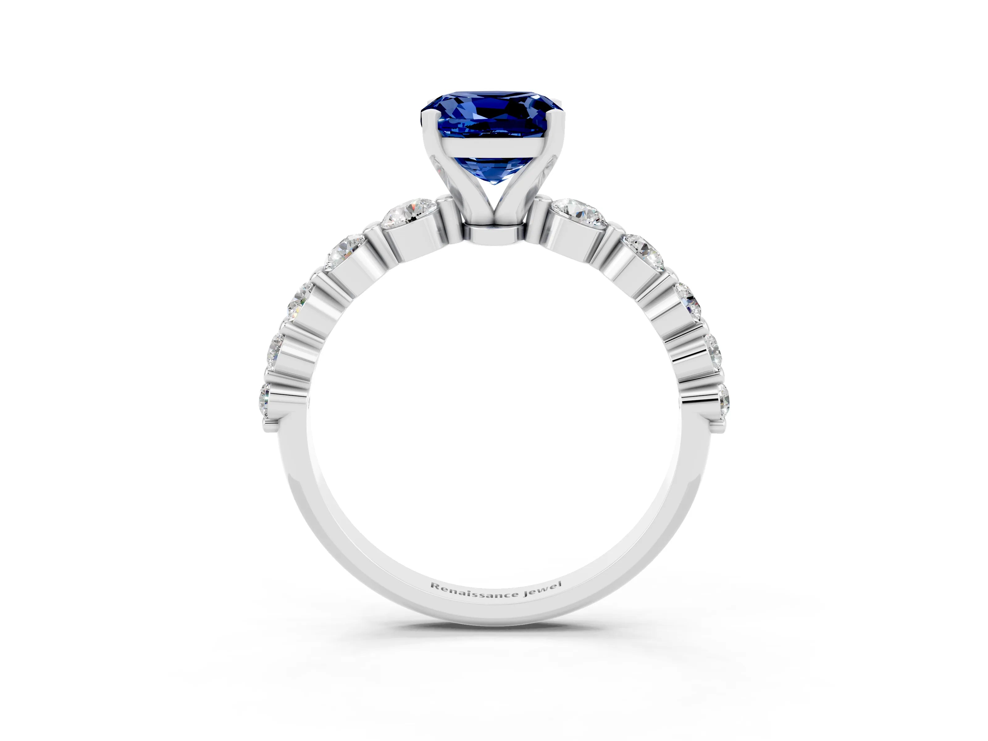 White gold Cushion Cut Solitaire Blue Sapphire Ring with Pave Band and Four-Prong Setting_3