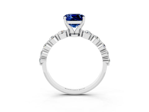 White gold Cushion Cut Solitaire Blue Sapphire Ring with Pave Band and Four-Prong Setting_3