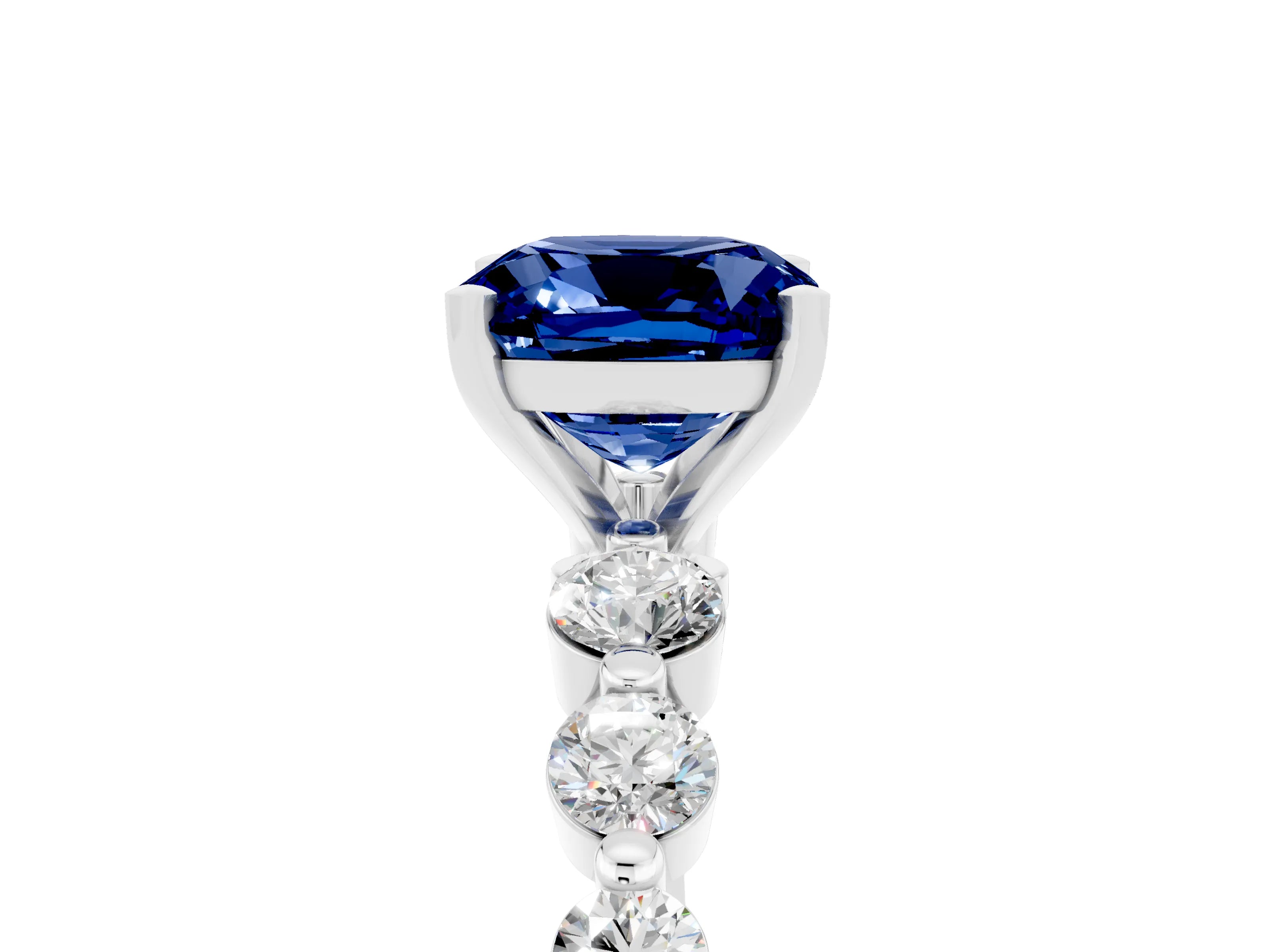 White gold Cushion Cut Solitaire Blue Sapphire Ring with Pave Band and Four-Prong Setting_5