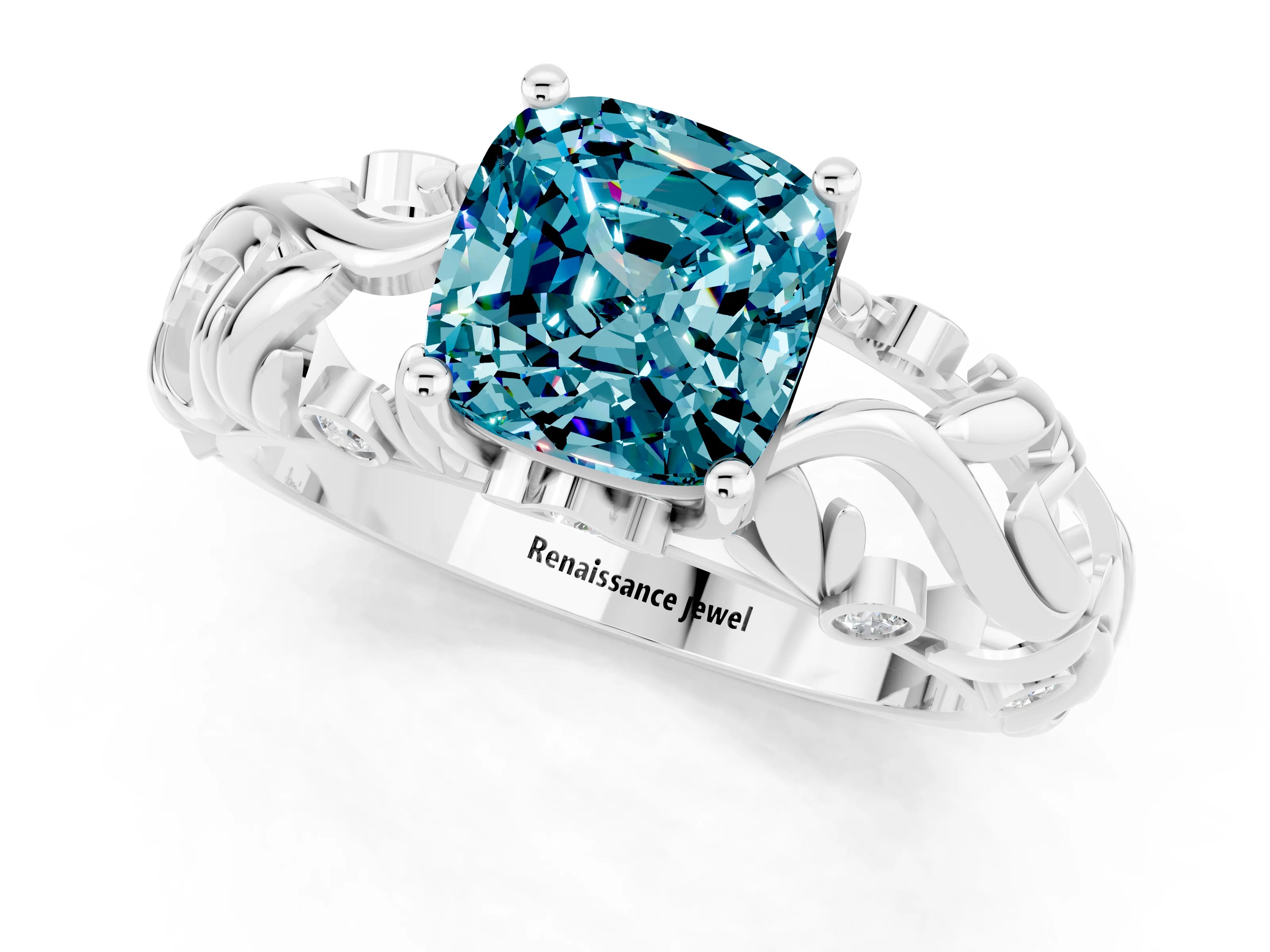 White gold Cushion Cut Solitaire Blue Topaz Leaf-Inspired Vine Band Ring with Prong Setting_1