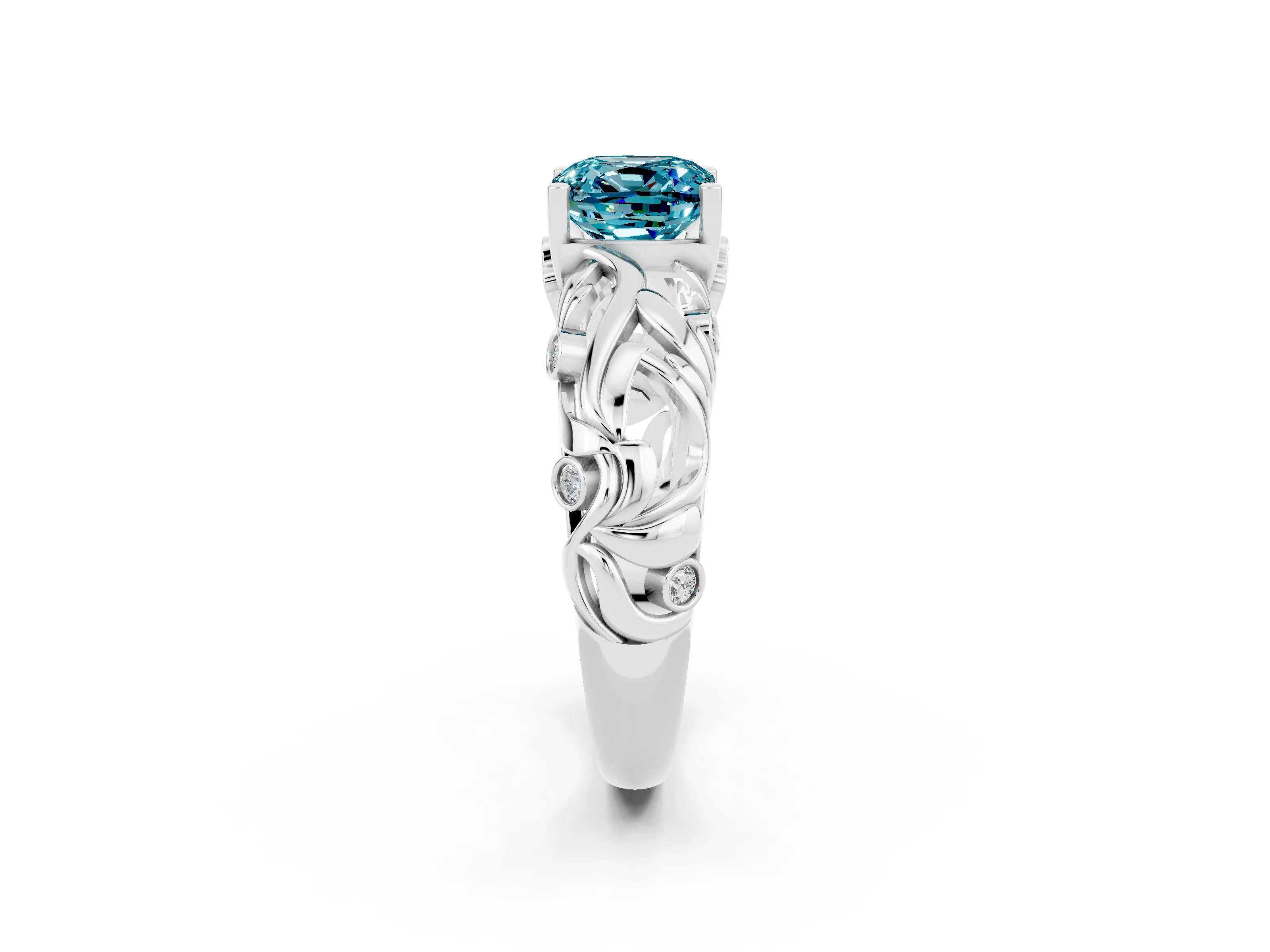 White gold Cushion Cut Solitaire Blue Topaz Leaf-Inspired Vine Band Ring with Prong Setting_2