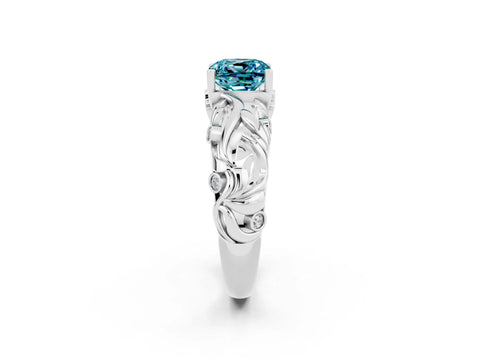 White gold Cushion Cut Solitaire Blue Topaz Leaf-Inspired Vine Band Ring with Prong Setting_2