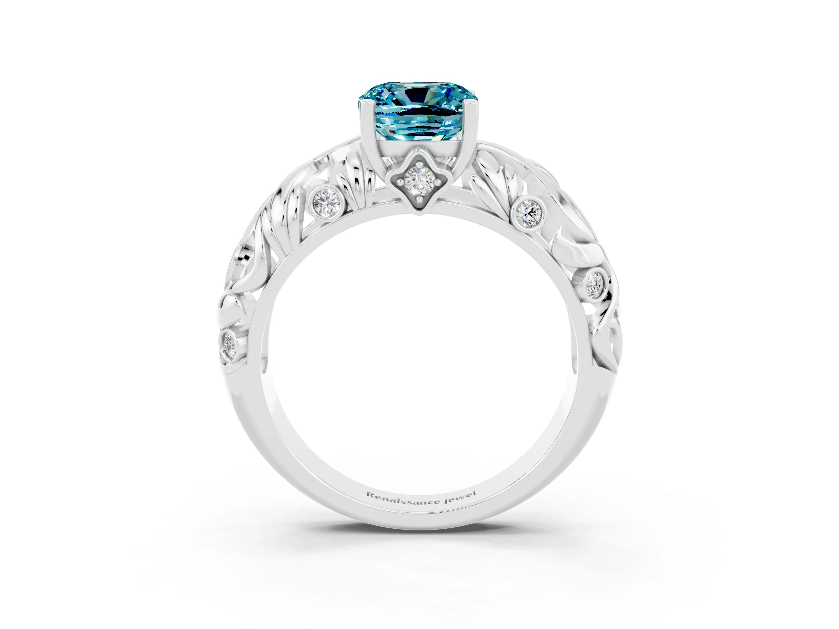 White gold Cushion Cut Solitaire Blue Topaz Leaf-Inspired Vine Band Ring with Prong Setting_3