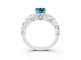 White gold Cushion Cut Solitaire Blue Topaz Leaf-Inspired Vine Band Ring with Prong Setting_3