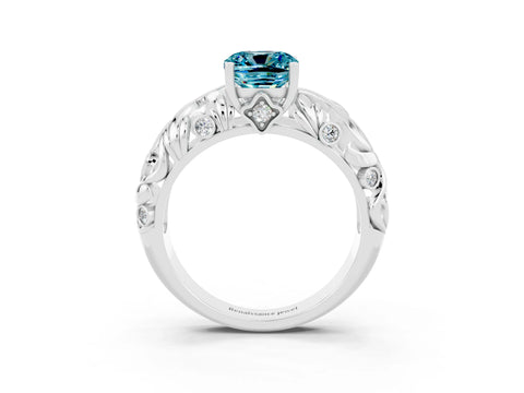 White gold Cushion Cut Solitaire Blue Topaz Leaf-Inspired Vine Band Ring with Prong Setting_3