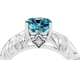 White gold Cushion Cut Solitaire Blue Topaz Leaf-Inspired Vine Band Ring with Prong Setting_4