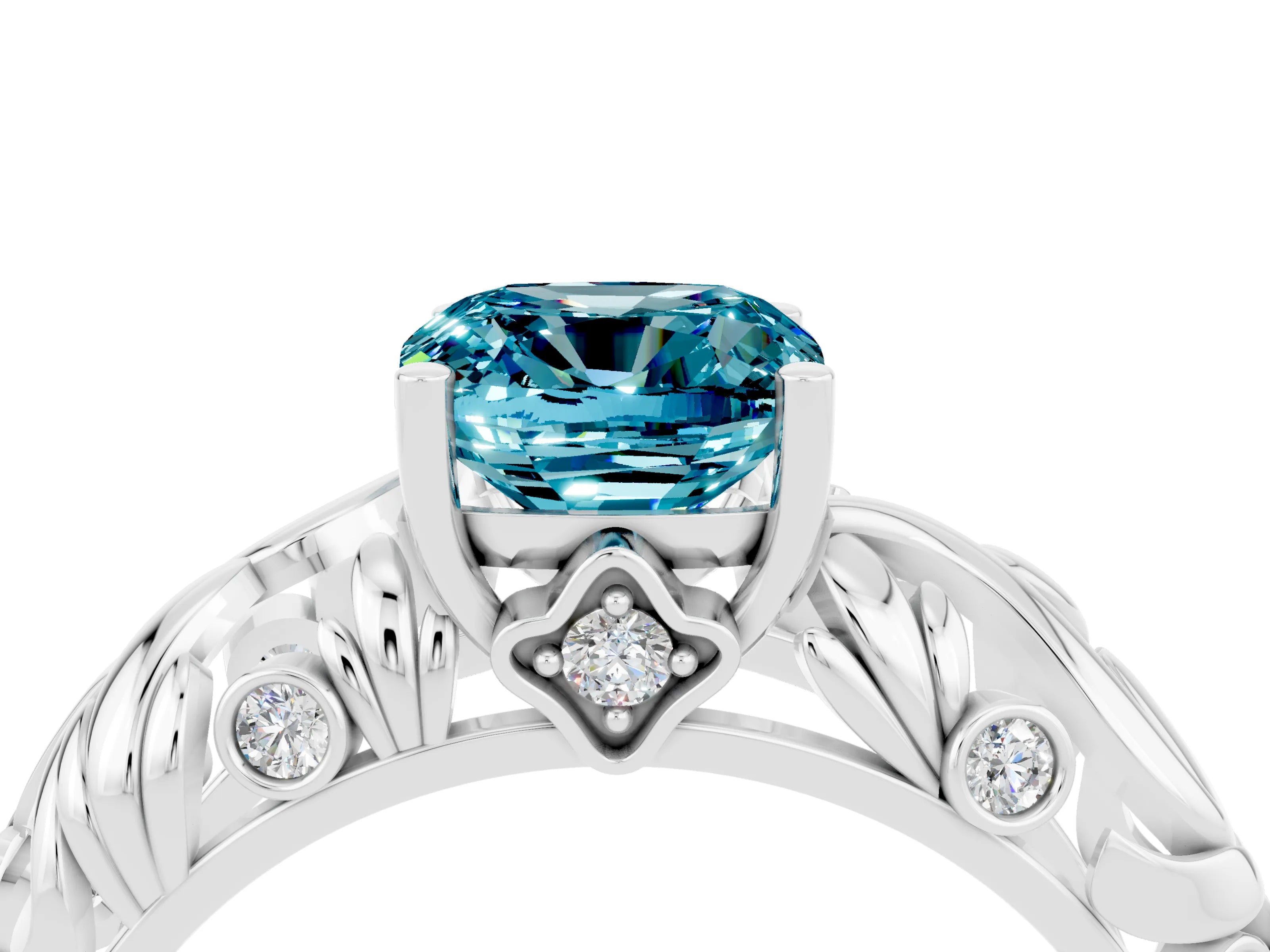 White gold Cushion Cut Solitaire Blue Topaz Leaf-Inspired Vine Band Ring with Prong Setting_4